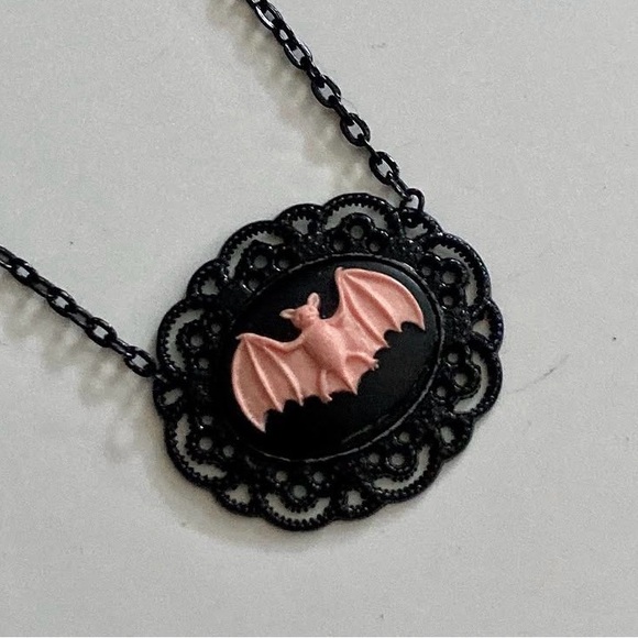 Handmade Jewelry - Gothic Black and Pink Bat Pendant Necklace